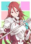  armor fire_emblem fire_emblem:_kakusei gloves hair_ornament long_hair looking_at_viewer ninagawa_yaeko pegasus_knight polearm red_eyes red_hair smile solo tiamo very_long_hair weapon 