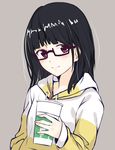  bad_id bad_pixiv_id bangs black_hair blunt_bangs blush closed_mouth commentary_request cup eyebrows_visible_through_hair flat_color glasses grey_background hand_in_pocket hand_up highres holding holding_cup hood hoodie long_hair looking_at_viewer original purple_eyes semi-rimless_eyewear simple_background smile solo under-rim_eyewear yan_(nicknikg) 