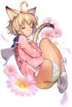  ahoge animal_ears between_legs blonde_hair cat_ears cat_tail closed_eyes destiny_child fetal_position floral_print flower full_body grin hair_flower hair_ornament kkuem long_sleeves no_pants no_shoes panties plantar_flexion sailor_collar short_hair simple_background smile solo tail tail_between_legs underwear white_background white_legwear 