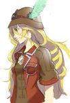  absurdres blonde_hair blue_eyes breasts commentary_request cowboy_shot drill_hair hat hat_feather highres long_hair lyza made_in_abyss medium_breasts sketch smirk solo ta-chun vest white_background 