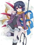  asymmetrical_wings black_footwear black_hair boots casual commentary_request contemporary holding holding_weapon houjuu_nue jacket looking_at_viewer open_mouth pointy_ears polearm purple_jacket red_eyes scarf short_hair touhou trident uumaru weapon white_legwear wings 