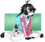  big_ears black_fur blue_eyes blush clothing collar d.va_(overwatch) elliot female fur grumpy hair hoodie huffy jacket overwatch short_hair shy solo spots theredghost tomboy video_games white_fur 