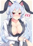  ahoge animal_ears blush breasts bunny_ears cleavage collarbone embarrassed eyebrows_visible_through_hair floating_hair hair_between_eyes large_breasts long_hair looking_at_viewer matoi_(pso2) milkpanda phantasy_star phantasy_star_online_2 red_eyes shiny shiny_skin silver_hair sitting solo twintails very_long_hair 