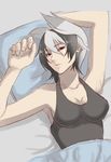  absurdres alternate_costume armpits arms_up black_eyes black_hair breasts cleavage commentary_request grey_hair highres large_breasts lying made_in_abyss multicolored_hair on_back ozen parted_lips short_hair sideboob sketch solo ta-chun tank_top under_covers upper_body 