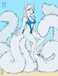  2017 anthro barefoot black_nose blue_background blue_eyes breasts canine clothed clothing digital_media_(artwork) dreamspinner female fur kacey krinele mammal multi_tail navel one-piece_swimsuit simple_background skimpy smile solo swimsuit white_fur 