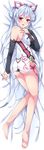  ahoge ass ass_cutout barefoot bed_sheet black_bra black_panties blush bra breasts dakimakura detached_sleeves from_above full_body hair_between_eyes hairband highres large_breasts long_hair looking_at_viewer lying matoi_(pso2) milkpanda on_side open_mouth panties phantasy_star phantasy_star_online_2 red_eyes red_hairband red_ribbon ribbon shiny shiny_skin silver_hair solo twintails underwear very_long_hair 