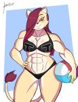  2018 5_fingers abs absurd_res anthro ball beach_ball biceps bikini biped black_nose blue_background breasts chest_tuft clothing digital_media_(artwork) eyebrows felid female fur hair hand_on_hip hi_res jaywnk23 kaylee lion long_hair looking_at_viewer mammal multicolored_fur muscular muscular_female pantherine portrait purple_hair red_eyebrows red_hair simple_background smile smirk solo standing swimsuit tail_tuft tan_ears tan_fur tan_tail three-quarter_portrait tuft two_tone_fur white_fur yellow_eyes 