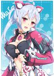  ahoge breasts choker cleavage cleavage_cutout eyebrows_visible_through_hair floating_hair gem hair_between_eyes hairband head_tilt large_breasts long_hair looking_at_viewer matoi_(pso2) milkpanda open_clothes open_mouth phantasy_star phantasy_star_online_2 red_eyes red_hairband silver_hair solo twintails upper_body 