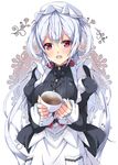  alternate_costume black_shirt center_frills coffee cup dress_shirt enmaided eyebrows_visible_through_hair floating_hair hair_between_eyes hair_ribbon hat holding holding_cup long_hair maid maid_cap matoi_(pso2) milkpanda open_mouth phantasy_star phantasy_star_online_2 red_eyes red_ribbon ribbon shirt silver_hair simple_background smile solo standing striped striped_ribbon twintails very_long_hair white_background white_hat 