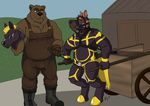  2017 anthro bear better_version_at_source bit_gag canine cart chastity_cage clothing duo gag horse_play male mammal mask muscular muscular_male overalls plaguedobsession public riding_crop spiral_eyes whip 