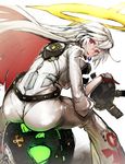  :p ass belt candy food gloves guilty_gear guilty_gear_xrd halo highres jack-o'_valentine lollipop long_hair looking_back mask mask_removed multicolored_hair nishiide_kengorou red_eyes red_hair sitting solo tongue tongue_out two-tone_hair white_background white_hair 