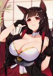  absurdres akagi_(azur_lane) animal_ears azur_lane bangs black_gloves black_kimono blunt_bangs blush breasts brown_hair cleavage commentary eyebrows_visible_through_hair fox_ears gloves hakama_skirt hands_up highres japanese_clothes kimono large_breasts long_hair obi parted_lips partly_fingerless_gloves pleated_skirt red_eyes red_skirt sash sendrawz skirt smile solo upper_body 