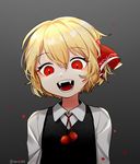  arin_(fanfan013) blonde_hair commentary_request fangs gradient gradient_background hair_between_eyes hair_ribbon long_sleeves looking_at_viewer open_mouth red_eyes red_ribbon ribbon rumia short_hair slit_pupils smile solo touhou upper_body vest wing_collar 