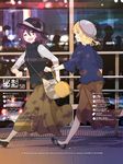  alternate_costume beret blonde_hair blouse blurry bokeh bow brown_eyes brown_hair commentary_request depth_of_field fedora hat hat_bow highres long_hair maribel_hearn multiple_girls open_mouth railing real_world_location reflection running shibuya_(tokyo) shirt shoes short_hair silhouette skirt smile sweater_vest tokoroten_(hmmuk) tokyo_(city) touhou train_station usami_renko walkway yellow_eyes 