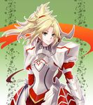  armor armored_dress artist_name blonde_hair braid breastplate cowboy_shot fate/apocrypha fate/grand_order fate_(series) french_braid green_background green_eyes mordred_(fate) mordred_(fate)_(all) ponytail red_scrunchie scrunchie smile solo taito1020 