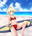  bikini blonde_hair blush braid breasts cloud commentary_request day fate/grand_order fate_(series) french_braid front-tie_bikini front-tie_top groin hair_between_eyes highres kuro_yanagi looking_at_viewer mordred_(fate)_(all) mordred_(swimsuit_rider)_(fate) navel ocean ponytail red_scarf red_scrunchie sand scarf scrunchie side-tie_bikini sideboob small_breasts smile solo surfboard swimsuit water 