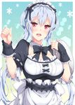  alternate_costume apron black_bow black_neckwear bow bowtie breasts cleavage detached_collar enmaided eyebrows_visible_through_hair floating_hair hair_between_eyes holding large_breasts long_hair looking_at_viewer maid maid_headdress matoi_(pso2) milkpanda open_mouth phantasy_star phantasy_star_online_2 red_eyes short_sleeves silver_hair solo twintails upper_body very_long_hair white_apron white_bow wrist_cuffs 