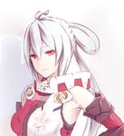  ahoge armpits breasts detached_sleeves eyebrows_visible_through_hair grey_background hair_between_eyes i_b_san long_hair looking_at_viewer matoi_(pso2) medium_breasts phantasy_star phantasy_star_online_2 ponytail red_eyes silver_hair sketch smile solo upper_body 