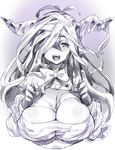  antenna_hair bandages breasts capelet cleavage commentary_request danua draph fingerless_gloves gloves granblue_fantasy hair_between_eyes horns huge_breasts long_hair monochrome naked_bandage pointy_ears sketch upper_body zunta 