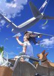  :d aircraft airplane all_nippon_airways animal arm_at_side bag bicycle bicycle_basket blue_ribbon blue_shorts blue_sky blurry blush brand_name_imitation brown_eyes brown_hair buckle cloud collar commentary_request day depth_of_field dog floating_hair from_behind from_below ground_vehicle hair_ribbon hand_up highres holding long_hair open_mouth original outdoors pairan paper_airplane ribbon shirt shopping_bag short_sleeves shorts sideways_mouth sky smile solo spring_onion sweatband twintails white_shirt wind 