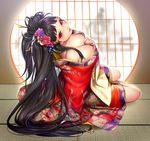  bangs bare_shoulders black_hair blush breasts cleavage collarbone commentary floral_print hair_ornament hair_stick indoors japanese_clothes kimono kiseru large_breasts long_hair looking_at_viewer masami_chie official_art oiran original parted_lips pipe red_eyes sitting tokyo_exe_girls 