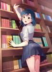  ass black_skirt blush book bookshelf breasts earbuds earphones eyebrows_visible_through_hair from_behind holding holding_book idolmaster idolmaster_million_live! kamille_(vcx68) looking_at_viewer medium_breasts nanao_yuriko open_mouth short_hair skirt solo 