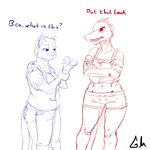  alligator anthro bea_(nitw) blush clothing crocodilian dildo female greasymojo_(artist) humor mae_(nitw) midriff night_in_the_woods reptile scalie sex_toy shorts simple_background slightly_chubby thick_thighs white_background 