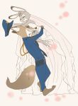  2016 abstract_background anthro bare_shoulders barefoot canid canine clothed clothing digital_media_(artwork) disney dress duo eyes_closed female fox fully_clothed fur grey_fur hi_res hug judy_hopps lagomorph long_ears male mammal nick_wilde orange_fur police_uniform predator/prey puki rabbit size_difference smile uniform wedding_dress zootopia 