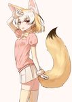  animal_ears arm_up blonde_hair blush bow bowtie breast_pocket brown_eyes contrapposto cowboy_shot extra_ears eyebrows_visible_through_hair fang fennec_(kemono_friends) fox_ears fox_tail from_side fur_trim gloves hand_on_forehead highres kemono_friends looking_at_viewer miniskirt multicolored_hair open_mouth pink_sweater pleated_skirt pocket rabochicken short_hair short_sleeve_sweater short_sleeves simple_background skirt smile solo standing sweater tail thighhighs white_skirt zettai_ryouiki 