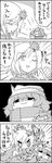  4koma aki_shizuha bow cirno closed_eyes comic commentary_request emphasis_lines eyebrows_visible_through_hair greyscale hair_bow hair_ornament hat highres leaf_hair_ornament letty_whiterock monochrome multiple_girls one_eye_closed scarf shaded_face short_hair skirt skirt_set smile tani_takeshi touhou translation_request waving_arms yukkuri_shiteitte_ne 