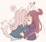  animal_ears blush brown_hair bunny_ears bunny_tail cat_ears hair_over_one_eye jacket kagari_atsuko little_witch_academia long_hair luna_nova_school_uniform multiple_girls pale_skin purple_hair red_eyes smile sucy_manbavaran tail witch yuri 