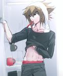  1boy bathroom c7akaz looking_away male_focus shirt_lift solo undressing yu-gi-oh! yuu-gi-ou_gx 