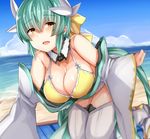  aqua_hair bare_shoulders bikini bow breasts cleavage dragon_horns fate/grand_order fate_(series) hair_bow highres horns japanese_clothes kimono kiyohime_(fate/grand_order) kiyohime_(swimsuit_lancer)_(fate) large_breasts long_hair looking_at_viewer navel off_shoulder sabujiroko smile solo swimsuit thighhighs white_legwear yellow_bikini_top yellow_bow yellow_eyes 
