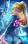  ass blonde_hair blue_bodysuit bodysuit gun long_hair looking_at_viewer madeleine_bellwoar metroid mole mole_under_mouth ponytail samus_aran shiny shiny_clothes skin_tight smile solo varia_suit weapon zero_suit 