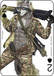  2017 abs anthro card digital_media_(artwork) dog_tags erection fonyaa fur gun holding_object holding_weapon looking_at_viewer male mammal military muscular muscular_male pecs penis playing_card procyonid raccoon ranged_weapon simple_background smile solo standing weapon 