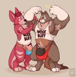  2017 anthro armpit_hair balls barazoku blush clothed clothing cum digital_media_(artwork) duo fluffy gloves_(marking) hairy hi_res jockstrap kangaroo male male/male mammal markings marsupial musclegut muscular muscular_male mustelid shirt simple_background skimpy slightly_chubby speedo sugaryhotdog swimsuit tank_top toeless_(marking) underwear weasel 