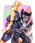  2017 anthro black_hair black_nose blue_eyes canine clothed clothing duo female fingerless_gloves fox fully_clothed gloves hair holding_object male mammal mleonheart open_mouth purple_eyes shaze 