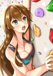  aqua_eyes blush braid breasts brown_hair cleavage climbing commentary_request highres idolmaster idolmaster_million_live! kousaka_umi long_hair medium_breasts open_mouth rock_climbing solo sweat twin_braids yuzuyu_(hyui) 