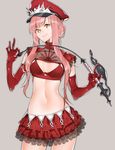 alluring_chief_warden_look bangs closed_mouth elbow_gloves eyebrows_visible_through_hair fate/grand_order fate_(series) frilled_skirt frills gloves hat holding_whip long_hair looking_at_viewer medb_(fate)_(all) medb_(fate/grand_order) midriff navel riding_crop simple_background sino42 skirt solo whip yellow_eyes 