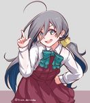  :d bow bowtie commentary cowboy_shot disco_brando dress eyebrows_visible_through_hair green_neckwear grey_background grey_eyes grey_hair hair_between_eyes hair_ornament hair_scrunchie highres kantai_collection kiyoshimo_(kantai_collection) long_hair long_sleeves looking_at_viewer open_mouth red_dress scrunchie smile solo standing twitter_username v-shaped_eyebrows yellow_scrunchie 