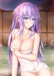  alternate_hairstyle arm_support blue_eyes blurry blush breasts collarbone depth_of_field fence flower hair_flower hair_ornament highres kanzashi large_breasts long_hair looking_at_viewer muwa12 naked_towel neptune_(series) night onsen outdoors parted_lips power_symbol purple_heart rock sitting solo steam towel tsumami_kanzashi very_long_hair water 