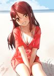  aida_rikako beach between_legs breasts brown_eyes cleavage day eyebrows_visible_through_hair grin hair_ornament hairclip half_updo hand_between_legs head_tilt horizon long_hair love_live! love_live!_sunshine!! medium_breasts nagareboshi outdoors photo-referenced red_hair sakurauchi_riko seiyuu_connection shirt single_sidelock sitting smile solo striped t-shirt teeth v-neck 