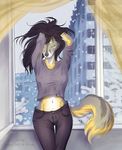  anthro canine clothed clothing detailed_background digital_media_(artwork) eyes_closed female grey_nose kneeling mammal navel solo tigra_only ts-cat wolf 