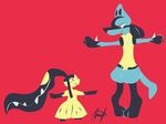  4:3 ambiguous_gender anthro black_fur blue_fur canine duo fur jawiledraws lucario mammal mawile nintendo pok&eacute;mon pok&eacute;mon_(species) red_background red_eyes semi-anthro signature simple_background size_difference spikes spread_arms standing video_games yellow_fur 