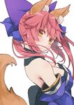  animal_ears blush breasts fate/extra fate/extra_ccc fate/grand_order fate_(series) fox_ears fox_tail highres large_breasts long_hair looking_at_viewer looking_to_the_side mei_(maple_152) pink_hair simple_background solo tail tamamo_(fate)_(all) tamamo_no_mae_(fate) white_background yellow_eyes 