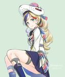  beret blonde_hair blue_dress blue_eyes blue_hair commandant_teste_(kantai_collection) dress grey_background hat kangoku_kou kantai_collection long_hair multicolored multicolored_clothes multicolored_hair multicolored_scarf pom_pom_(clothes) red_hair scarf simple_background smile solo streaked_hair white_hair 