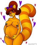 &lt;3 anthro areola bebecake belly black_nipples black_nose bow breasts brown_hair female front_view fur hair happy holding_belly long_tail looking_at_viewer mammal nipples nude orange_fur pink_eyes ponytail pregnant procyonid pussy raccoon simple_background smile solo standing striped_tail stripes thick_thighs two_tone_tail white_background 