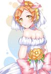  arms_behind_back bare_shoulders bouquet bow choker dress earrings flower from_behind hair_flower hair_ornament highres holding holding_bouquet hoshizora_rin jewelry kaisou_(0731waka) looking_back love_live! love_live!_school_idol_project love_wing_bell orange_flower orange_hair parted_lips pink_bow pom_pom_(clothes) short_hair solo veil wedding_dress white_choker white_dress white_neckwear yellow_eyes 