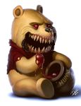  2016 anthro bear blood blood_on_hand bottomless clothed clothing dennis_carlsson detailed digital_media_(artwork) disney eyeball fangs full_portrait fur jar male mammal monster nightmare_fuel open_mouth pooh_bear red_eyes red_topwear sharp_teeth shirt signature simple_background sitting solo t-shirt teeth torn_clothing white_background winnie_the_pooh_(franchise) yellow_fur 