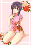  barefoot black_hair brown_eyes china_dress chinese_clothes dress floral_print flower fubuki_(kantai_collection) full_body kantai_collection long_hair low_ponytail md5_mismatch ookawa_wataru panties pantyshot pink_dress ponytail seiza short_ponytail sidelocks sitting solo underwear white_panties 